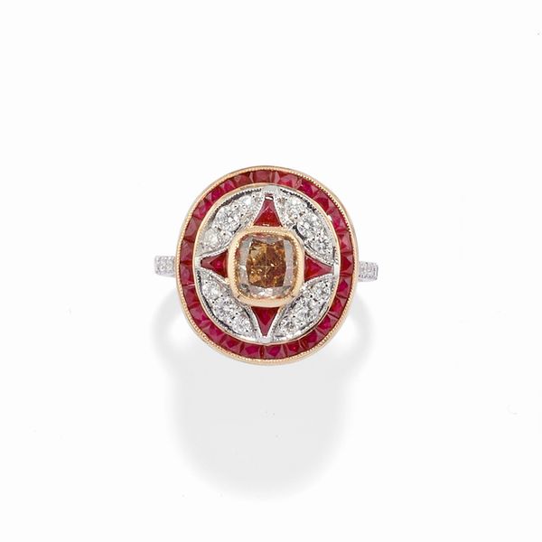 Anello con diamante fancy e rubini  - Asta Gioielli - Associazione Nazionale - Case d'Asta italiane