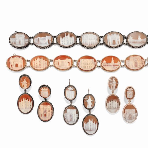 Pennisi : Due bracciali e tre coppie di orecchini pendenti con cammei  - Asta Gioielli - Associazione Nazionale - Case d'Asta italiane