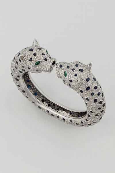 Bracciale Pantere con pav di diamanti, smeraldi, zaffiri e onice  - Asta Fine Jewels - Associazione Nazionale - Case d'Asta italiane