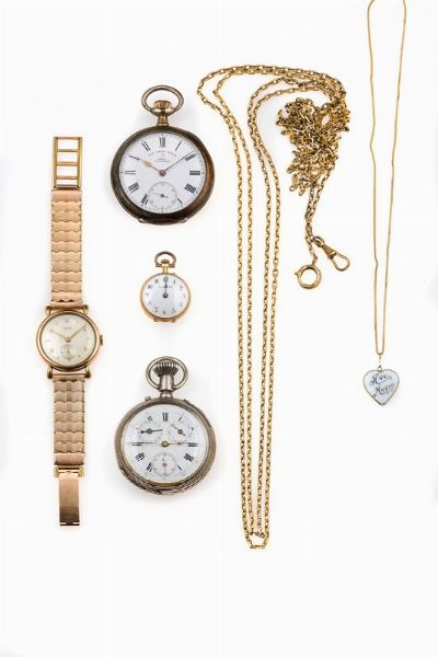 Lotto composto da un orologio da polso, tre orologi da tasca e due catene  - Asta Fine Jewels - Associazione Nazionale - Case d'Asta italiane