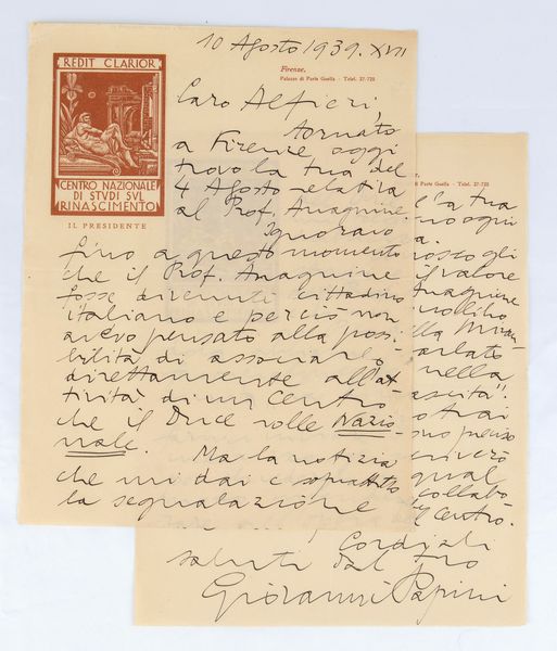 Papini, Giovanni - Gianfalco (Firenze, 9 gennaio 1881 – Firenze, 8 luglio 1956)  - Asta Memorabilia, Militaria, Ordini Cavallereschi - Associazione Nazionale - Case d'Asta italiane