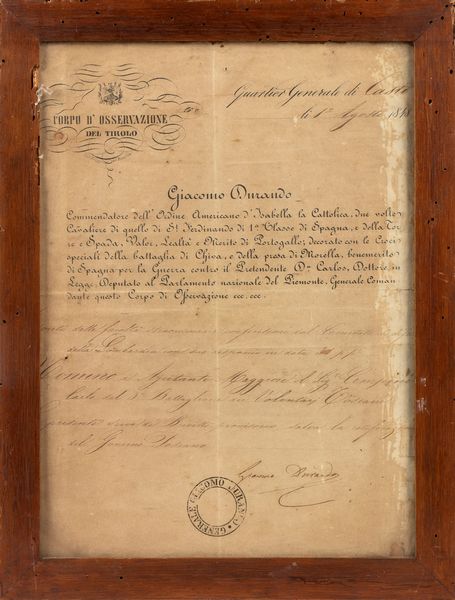 Diploma del corpo di osservazione del Tirolo  - Asta Memorabilia, Militaria, Ordini Cavallereschi - Associazione Nazionale - Case d'Asta italiane