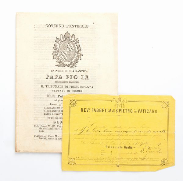 Lotto documenti pontifici PIO IX  - Asta Memorabilia, Militaria, Ordini Cavallereschi - Associazione Nazionale - Case d'Asta italiane