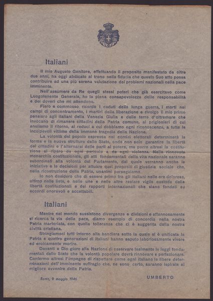 Re UMBERTO II - 9 Maggio 1946 - VOLANTINO  - Asta Memorabilia, Militaria, Ordini Cavallereschi - Associazione Nazionale - Case d'Asta italiane
