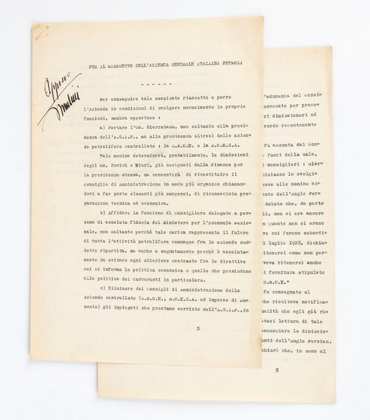 Documento AGIP a firma MUSSOLINI  - Asta Memorabilia, Militaria, Ordini Cavallereschi - Associazione Nazionale - Case d'Asta italiane