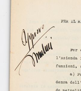 Documento AGIP a firma MUSSOLINI  - Asta Memorabilia, Militaria, Ordini Cavallereschi - Associazione Nazionale - Case d'Asta italiane