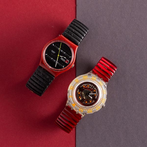 Swatch : Uno Swatch bracciale elastico e uno Swatch Scuba con bracciale elastico NOS  - Asta Swatch my Valentine - Associazione Nazionale - Case d'Asta italiane