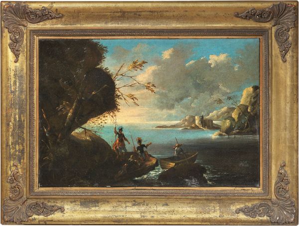 Ignoto fine XVII secolo : Marina con partenza di armigeri  - Asta PARADE I - Arredi, Maioliche e Dipinti Antichi - Associazione Nazionale - Case d'Asta italiane