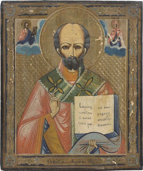 Icona greco-ortodossa del XIX secolo : San Nicola, il Redentore e la Vergine  - Asta PARADE I - Arredi, Maioliche e Dipinti Antichi - Associazione Nazionale - Case d'Asta italiane