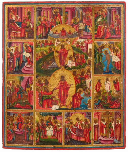 Icona del XIX secolo : Resurrezione di Cristo, discesa agli inferi e episodi della vita di Cristo e della Vergine  - Asta PARADE I - Arredi, Maioliche e Dipinti Antichi - Associazione Nazionale - Case d'Asta italiane