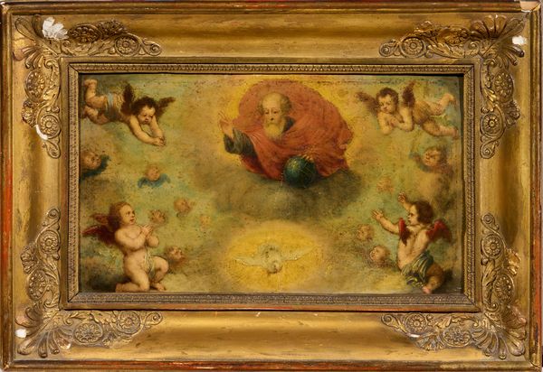 Scuola fiamminga del XVII secolo : Padre Eterno con la Colomba dello Spirito Santo  - Asta PARADE I - Arredi, Maioliche e Dipinti Antichi - Associazione Nazionale - Case d'Asta italiane