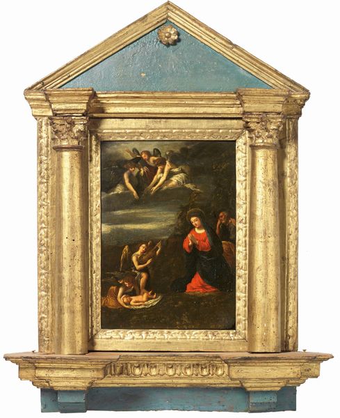 Scuola bolognese del XVII secolo : Sacra Famiglia con Angeli  - Asta PARADE I - Arredi, Maioliche e Dipinti Antichi - Associazione Nazionale - Case d'Asta italiane