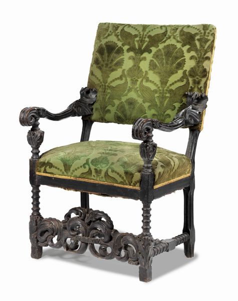 Seggiolone in legno intagliato patinato nero  - Asta PARADE I - Arredi, Maioliche e Dipinti Antichi - Associazione Nazionale - Case d'Asta italiane