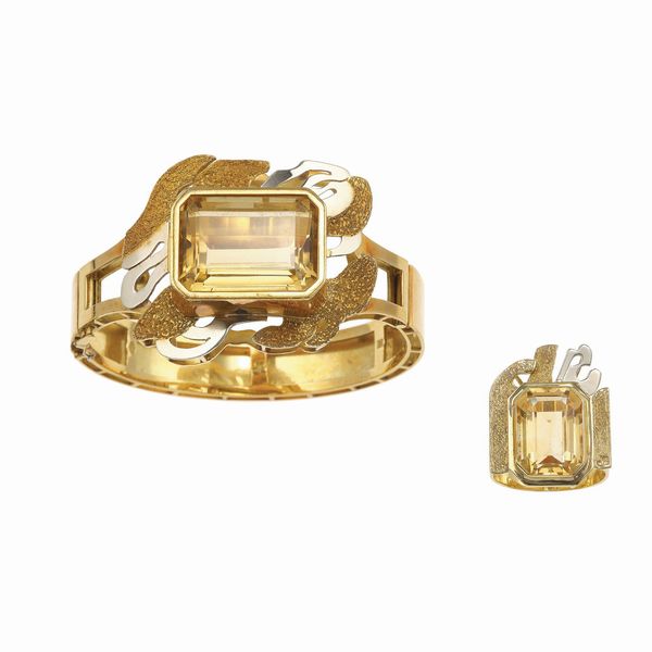 Demi-parure composta da bracciale rigido ed anello con quarzi citrini  - Asta Gioielli - Associazione Nazionale - Case d'Asta italiane