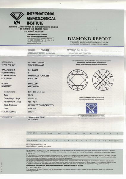 Coppia di diamanti taglio rotondo a brillante di ct 1.01, colore G, caratteristiche interne IF, fluorescenza UV lieve e molto lieve  - Asta Gioielli - Associazione Nazionale - Case d'Asta italiane