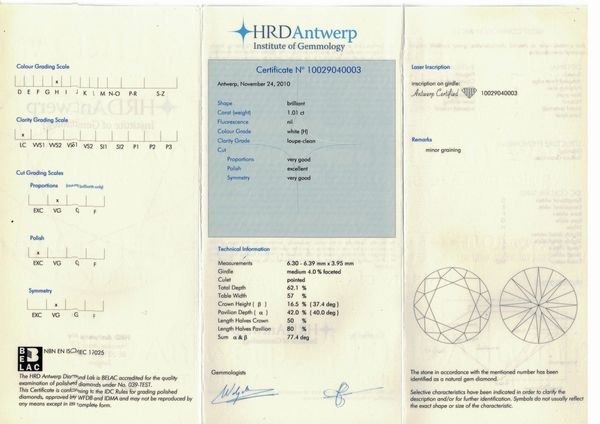 Diamante taglio rotondo a brillante di ct 1.01, colore H, caratteristiche interne IF, fluorescenza UV nulla  - Asta Gioielli - Associazione Nazionale - Case d'Asta italiane