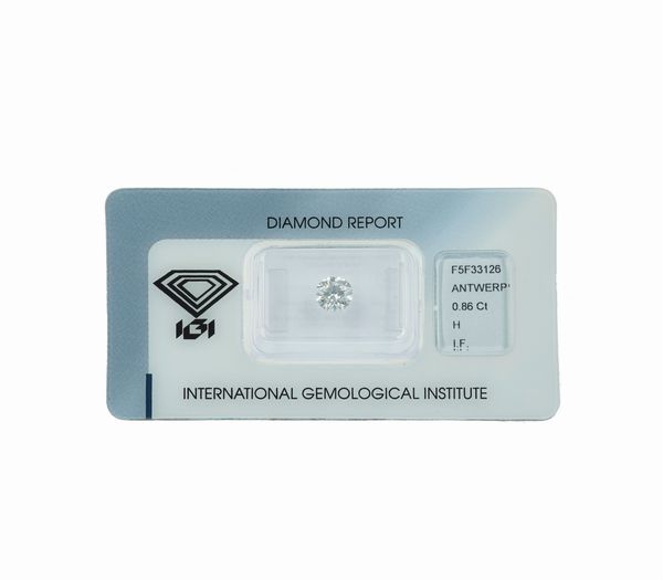 Diamante taglio rotondo a brillante di ct 0.86, colore H, caratteristiche interne IF, fluorescenza UV nulla  - Asta Gioielli - Associazione Nazionale - Case d'Asta italiane