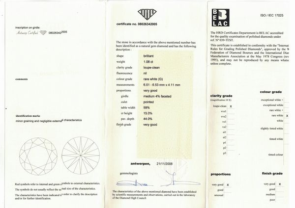 Diamante taglio rotondo a brillante di ct 1.08, colore G, caratteristiche interne IF, fluorescenza UV nulla  - Asta Gioielli - Associazione Nazionale - Case d'Asta italiane