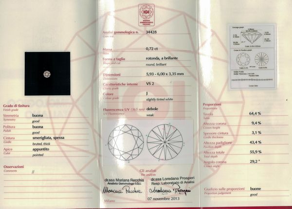 Diamante taglio rotondo a brillante di ct 0.72, colore J, caratteristiche interne VS2, fluorescenza UV debole  - Asta Gioielli - Associazione Nazionale - Case d'Asta italiane