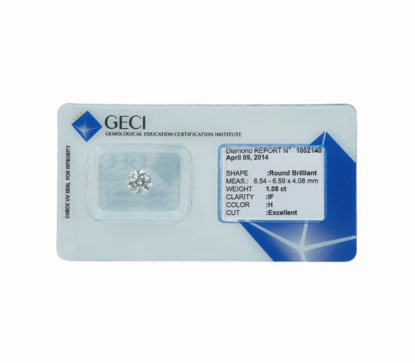 Diamante taglio rotondo a brillante di ct 1.08, colore H, caratteristiche interne IF, fluorescenza UV nulla  - Asta Gioielli - Associazione Nazionale - Case d'Asta italiane