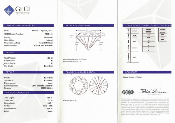 Diamante taglio rotondo a brillante di ct 1.08, colore H, caratteristiche interne IF, fluorescenza UV nulla  - Asta Gioielli - Associazione Nazionale - Case d'Asta italiane