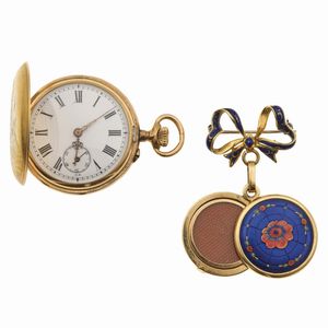 Lotto composto da un orologio da tasca monachina ed una spilla porta ritratto con smalti policromi  - Asta Gioielli - Associazione Nazionale - Case d'Asta italiane