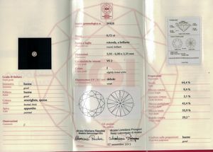 Diamante taglio rotondo a brillante di ct 0.72, colore J, caratteristiche interne VS2, fluorescenza UV debole  - Asta Gioielli - Associazione Nazionale - Case d'Asta italiane