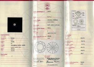 Diamante taglio rotondo a brillante di ct 0.72, colore I, caratteristiche interne VVS2, fluorescenza UV debole  - Asta Gioielli - Associazione Nazionale - Case d'Asta italiane