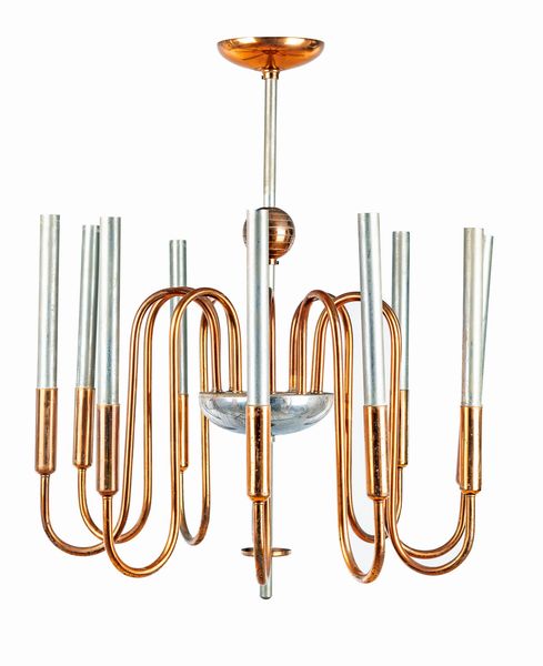 Lampadario da soffitto a dieci luci in metallo e ottone  - Asta Design e Arti Decorative del XX Secolo - Associazione Nazionale - Case d'Asta italiane