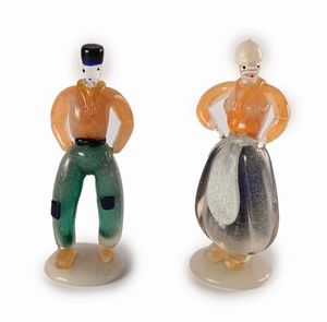 FULVIO BIANCONI - Coppia di sculture in vetro raffiguranti figure in abiti tradizionali olandesi produzione Venini