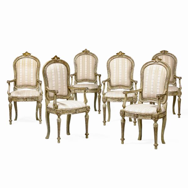 Sei poltrone in legno laccato e dorato. XVIII secolo  - Asta Antiquariato - Associazione Nazionale - Case d'Asta italiane