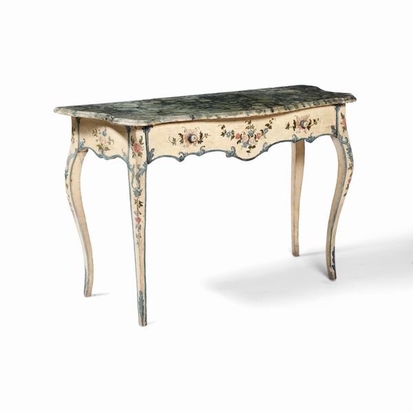 Consolle in legno laccato a motivi floreali su fondo beige, Genova XVIII secolo  - Asta Antiquariato - Associazione Nazionale - Case d'Asta italiane
