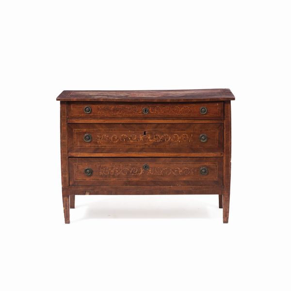 Com� a tre cassetti in legno lastronato in noce ed intarsiato, XIX secolo  - Asta Antiquariato - Associazione Nazionale - Case d'Asta italiane