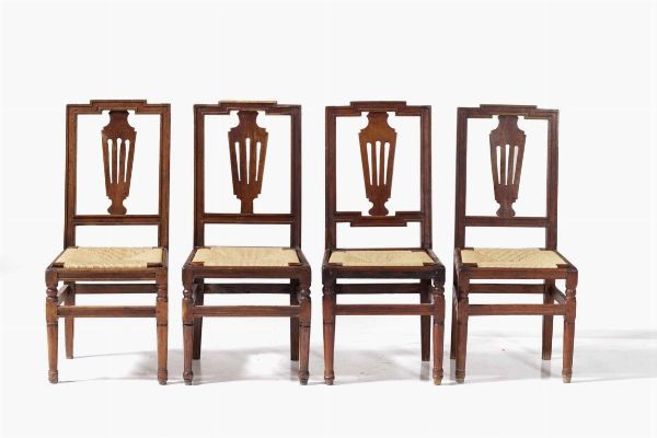 sette sedie Luigi XVI in noce. Piemonte, XVIII secolo  - Asta Antiquariato - Associazione Nazionale - Case d'Asta italiane