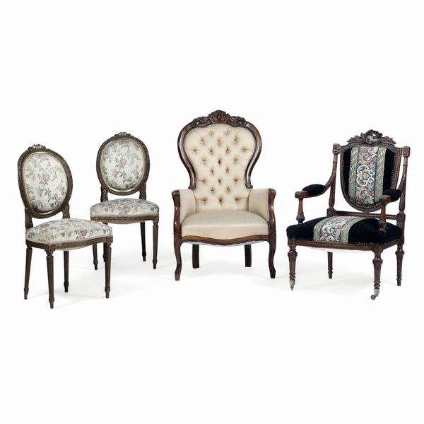 Due poltrone diverse e una coppia di sedie in stile  - Asta Antiquariato - Associazione Nazionale - Case d'Asta italiane