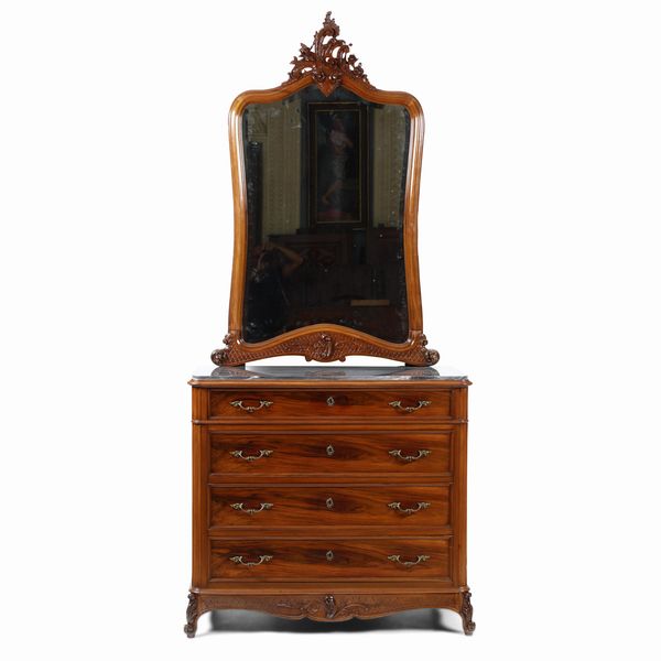 Com� in legno a quattro cassetti con specchiera. XIX secolo  - Asta Antiquariato - Associazione Nazionale - Case d'Asta italiane