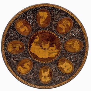 Tavolino in legno intarsiato con figure di camosci , XIX secolo  - Asta Antiquariato - Associazione Nazionale - Case d'Asta italiane