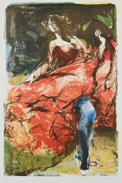 Ennio Calabria : Donna che danza in calze blu e vestito rosso  - Asta Grafica internazionale e multipli d'autore  - Associazione Nazionale - Case d'Asta italiane
