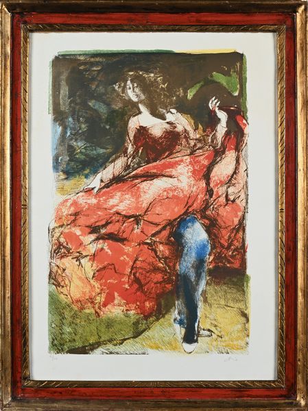 Ennio Calabria : Donna che danza in calze blu e vestito rosso  - Asta Grafica internazionale e multipli d'autore  - Associazione Nazionale - Case d'Asta italiane