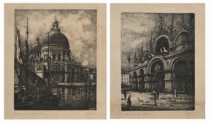 Ernesto Festucci - Due incisioni raffiguranti Venezia (Dettaglio di San Marco e Santa Maria della Salute)
