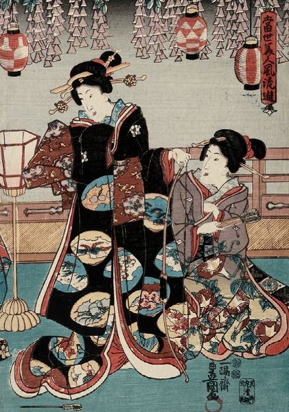 UTAGAWA KUNISADA I (TOYOKUNI III) : Tiro con l'arco in un interno (pannello destro di trittico).  - Asta Arte Antica, Moderna e Contemporanea - Associazione Nazionale - Case d'Asta italiane