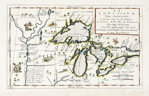 Vincenzo Maria Coronelli - La Louisiana, Parte Settentrionalle, Scoperta sotta la Protettione di Luigi XIV, R di Francia, etc. Descritta, e Dedicata dal P. Cosmografo Coronelli, All' illustriss; et Eccellentiss: S. Zaccaria Bernardi, fu' dell Ecc.S. Francesco.