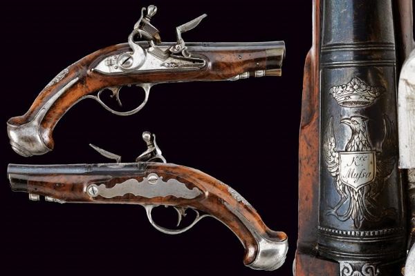 Interessante e raro paio di pistole a pietra focaia da viaggio per il mercato Polacco  - Asta La Collezione di Armi Antiche di un Gentiluomo Californiano - Associazione Nazionale - Case d'Asta italiane