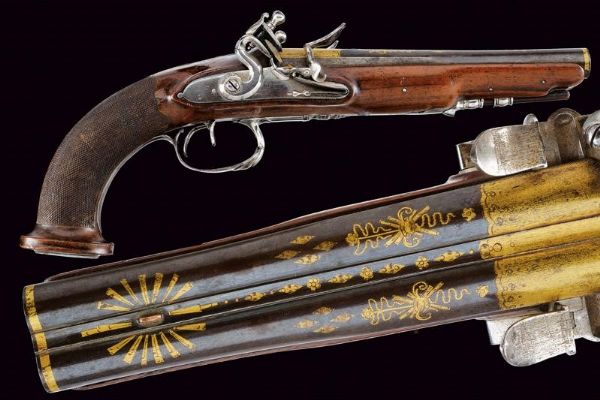 Bella pistola a pietra focaia a due canne  - Asta La Collezione di Armi Antiche di un Gentiluomo Californiano - Associazione Nazionale - Case d'Asta italiane