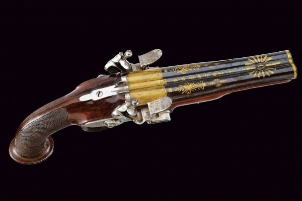 Bella pistola a pietra focaia a due canne  - Asta La Collezione di Armi Antiche di un Gentiluomo Californiano - Associazione Nazionale - Case d'Asta italiane