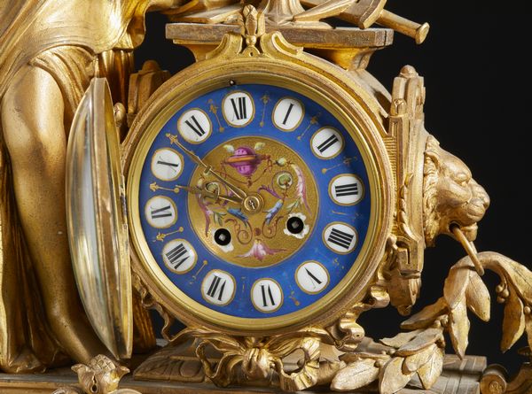 MANIFATTURA FRANCESE DEL XIX-XX SECOLO : Orologio da tavolo in metallo dorato con allegoria dell'Astronomia, quadrante e decori in ceramica smaltata  - Asta Asta 502 | ARTE ANTICA E DEL XIX SECOLO Online - Associazione Nazionale - Case d'Asta italiane