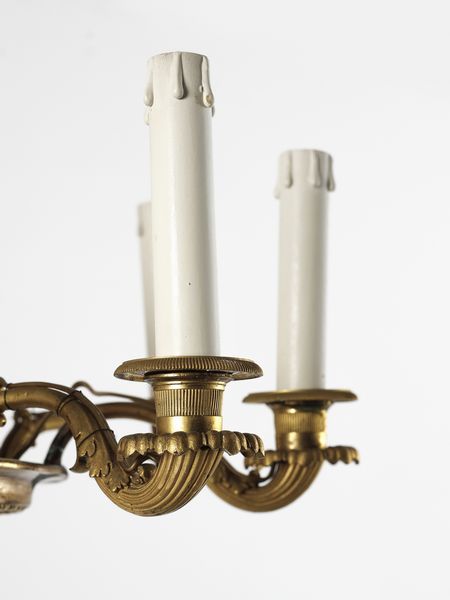 THOMIRE PIERRE PHILIPPE (1751 - 1843) : Lampadario in bronzo dorato al mercurio con decori neoclassici a palmette, fusto centrale circondato da girotondo di putti alati con ghirlande, bracci in foggia di cornucopie fitomorfe  - Asta Asta 502 | ARTE ANTICA E DEL XIX SECOLO Online - Associazione Nazionale - Case d'Asta italiane