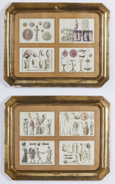 MANIFATTURA DEL XIX SECOLO : Coppia di composizioni con incisioni a tema archeologico  - Asta Asta 502 | ARTE ANTICA E DEL XIX SECOLO Online - Associazione Nazionale - Case d'Asta italiane