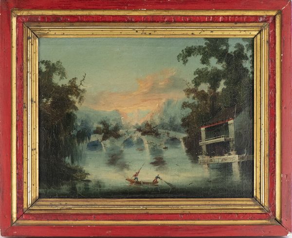 PITTORE CINESE DEL XIX SECOLO : Veduta lacustre con imbarcazione e personaggi  - Asta Asta 502 | ARTE ANTICA E DEL XIX SECOLO Online - Associazione Nazionale - Case d'Asta italiane