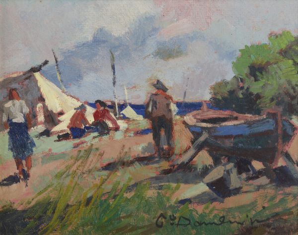 DOMENICI CARLO (1898 - 1981) : Paesaggio marino con barche e pescatori  - Asta Asta 502 | ARTE ANTICA E DEL XIX SECOLO Online - Associazione Nazionale - Case d'Asta italiane